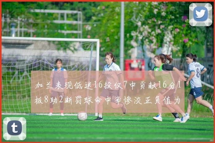 加兰表现低迷16投仅7中贡献16分1板8助2断罚球命中率惨淡正负值为负24